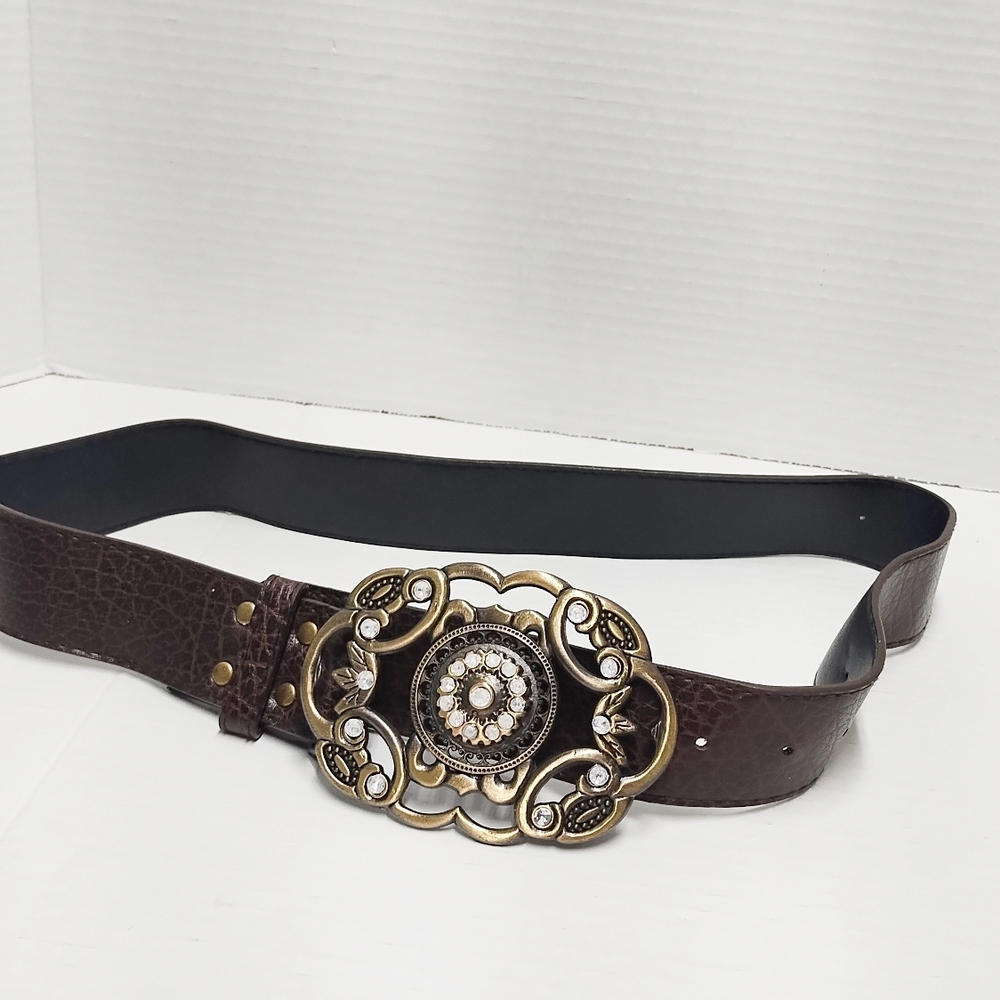 Elegant Brown Leather Belt with Gold Buckle 32" Long